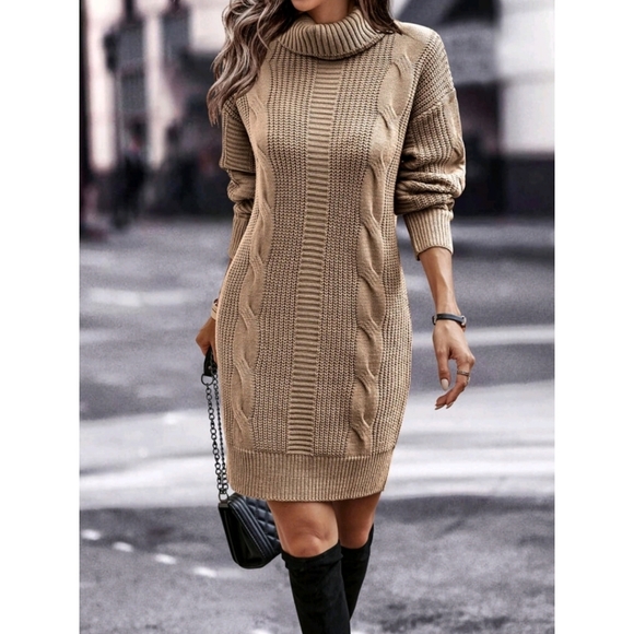 NEW Chunky Mixed Cable Knit Turtleneck Sweater Dress Tan Camel - Picture 6 of 10